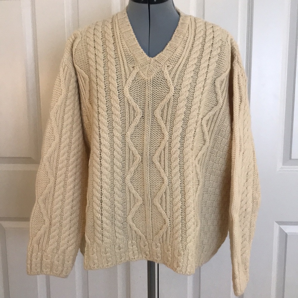 Aran Crafts Ivory Wool Cable Knit Fisherman Sweater M Unisex